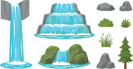 Waterfall vector collection with cliff cascades rocks trees and bushes design elements for tropical jungle or forest nature landscape scene background © MstRowshanAra