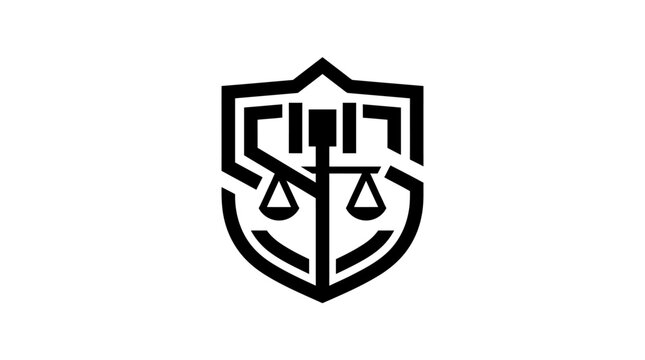 Black and white shield logo with balance scale concept