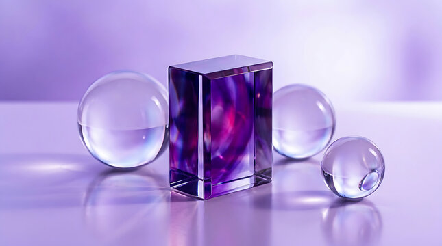 Purple glass prism and clear orbs on reflective surface
