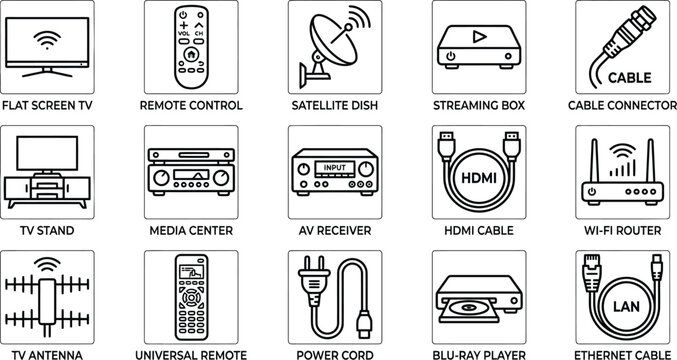 Home theater equipment icons set silhouette style isolated on transparent background