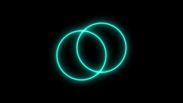 Neon cyan intersecting circles animation, glowing abstract geometric motion background, 4k video.