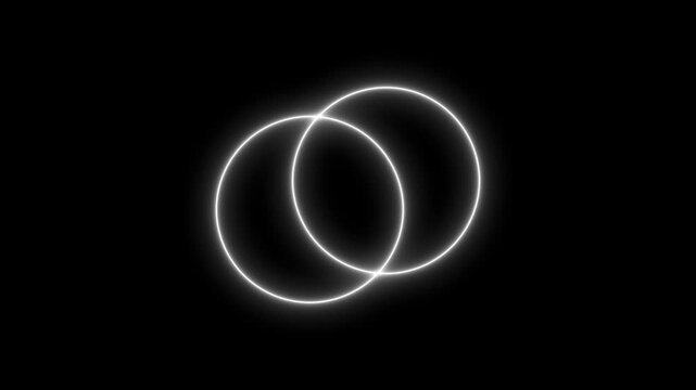 Glowing white neon circles intersecting on black background, abstract geometric animation, 4k video.