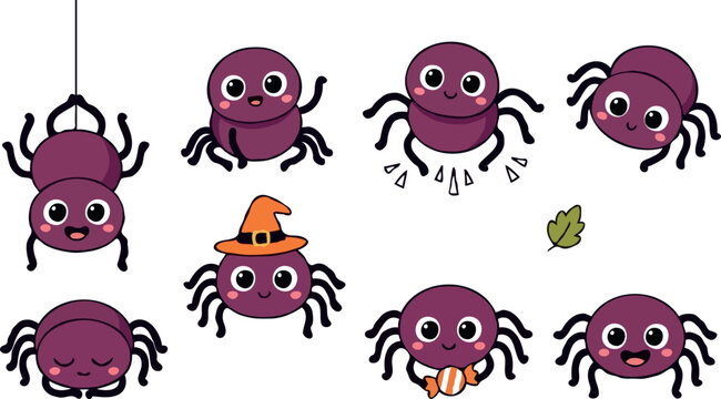 Cute spider cartoon character vector bundle featuring funny purple spiders with Halloween witch hat and candy for spooky holiday design element