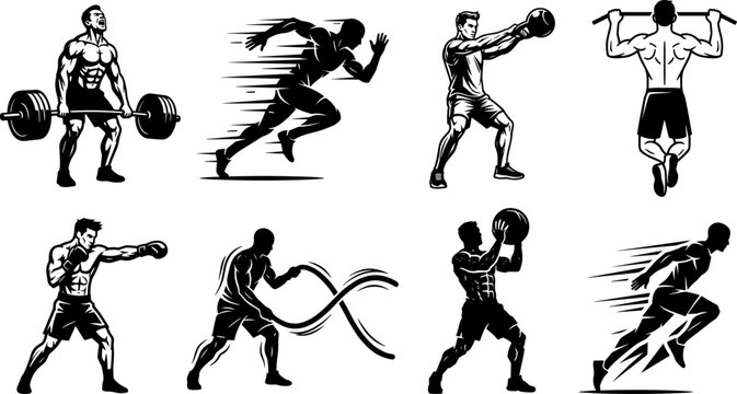 Fitness and bodybuilding vector set with black silhouettes of athletic men training sprinting lifting deadlifts boxing and doing crossfit