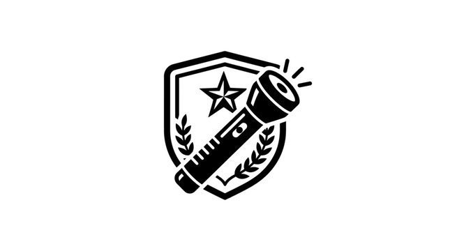 Security shield with flashlight and laurel wreath icon