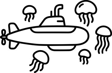 Hand-drawn submarine exploring ocean with jellyfish in simple line art style © Brian