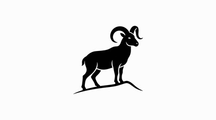 Obraz premium Black silhouette of mountain goat on rocky outcrop against white background