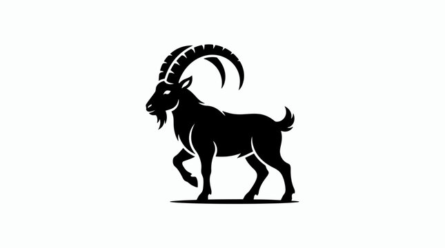 Black silhouette of a mountain goat or ibex with large curved horns on white