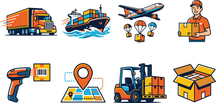 Logistics and delivery icon vector set featuring cargo truck container ship airplane airdrop courier forklift barcode scanner and map tracking
