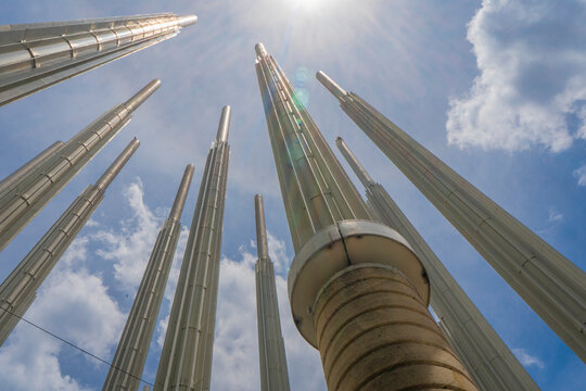Medellin, Antioquia, Colombia. February 26, 2023. The Plaza de Cisneros or Parque de las Luces is a square located in Medell&iacute;n. It is artificial forest of 300 posts with a maximum height of 24 meters.