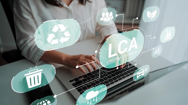 Hands typing on laptop with virtual icons representing sustainability, life cycle assessment, and eco-friendly practices for environmental awareness Gluon.