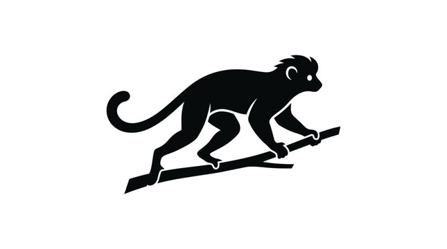 Black silhouette of a monkey balancing on a thin branch