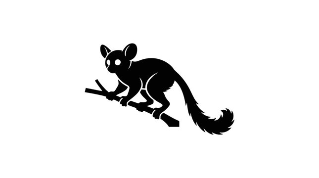 Black silhouette of lemur perched on tree branch with curved tail