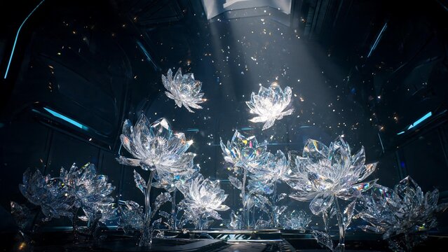 Luminous Crystalline Lotus Flowers Radiating Ethereal Light in a Dark Futuristic Enclave Setting for 2026 Artistic Vision
