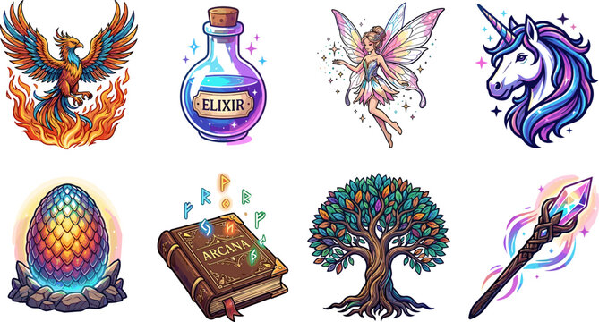 Set of colorful vector fantasy icons featuring phoenix elixir potion fairy unicorn dragon egg spellbook tree of life and magic staff