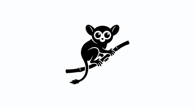 Silhouette of a cute lemur on a branch against a white background