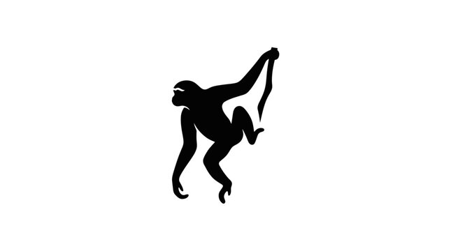 Black silhouette of a primate swinging on a vine against a white background