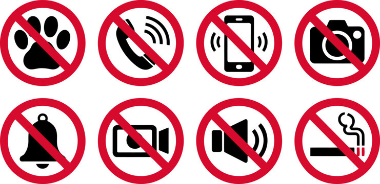 Collection of eight prohibition signs with black on white background including paw print phone camera bell camera