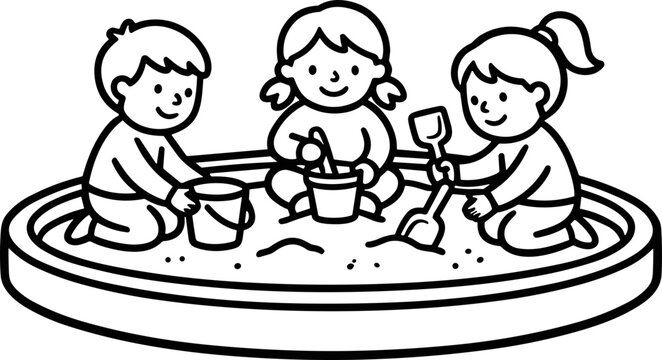 Three happy kids playing in a sandbox, drawing, illustration, vector