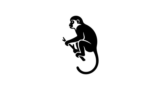 Black silhouette of a monkey sitting on a branch against a white background
