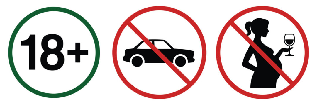 Age restriction warning sign no car allowed icon pregnant woman alcohol prohibition symbol set safety restriction signage design 