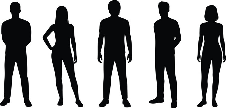 Black silhouette of five people walking in different poses