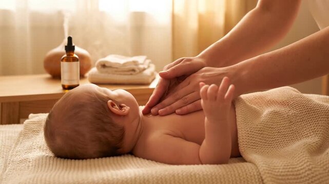 Mother applying essential oil lotion to newborn baby chest for massage