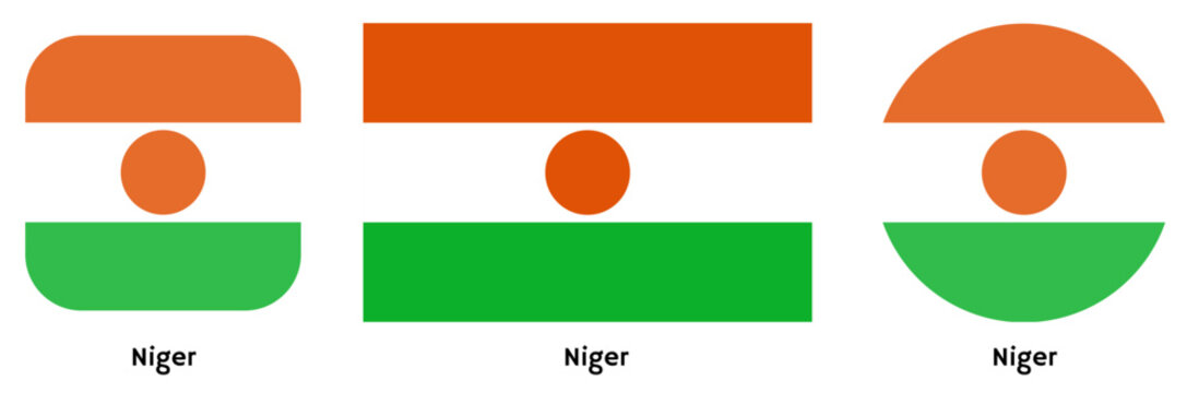 Niger flag vector SVG in circle and square curved flag shapes with transparent background. Editable, scalable national flag design for branding, web, print, and digital media.