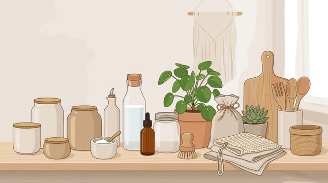 Illustration of a sustainable zero waste kitchen counter with glass jars, potted plants, and wooden utensils. A cozy, eco-friendly lifestyle concept in soft neutral colors.