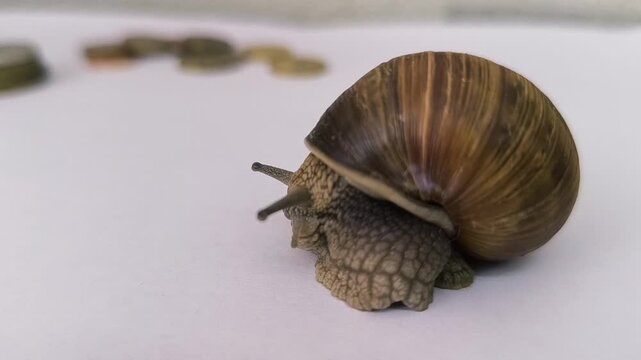 a snail crawls on white paper towards a stack of copper coins
