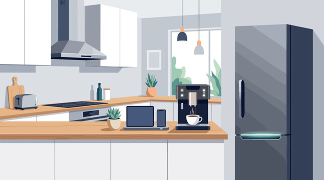 A flat illustration of a modern smart kitchen featuring a coffee machine, tablet, smartphone, and refrigerator. Stylish, minimalist design perfect for home technology concepts.