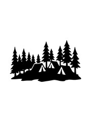 Obraz premium Silhouette of Camping Tents and Pine Trees in a Forest Wilderness