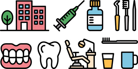 Fototapeta premium Dental care set with a building, syringe, mouthwash, tools, dentures, tooth, chair, glass, and mug on white
