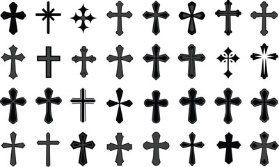 Fototapeta premium Collection of 25 unique cross designs in black silhouette, decorative religious symbols with diverse artistic styles and patterns