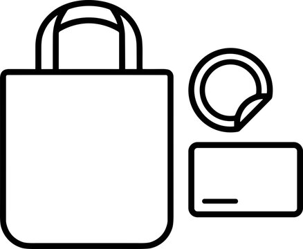 Blank tote bag, sticker, and rectangle tag icon, simple line art for branding and design
