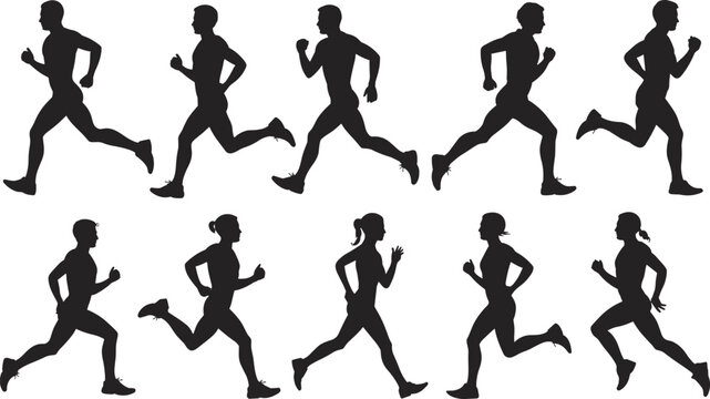 Running Athlete Silhouette Set Collection with Dynamic Jogging Sprinting Poses Isolated on White Background