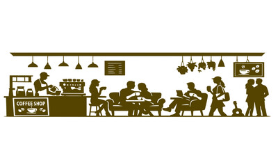 Fototapeta premium Elegant Coffee Shop Silhouette Banner with Barista and Customers Vector Art