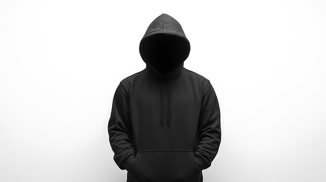 Anonymous person in black hoodie isolated on white background