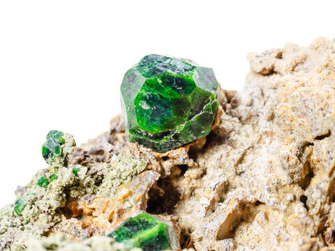 raw green dioptase crystal in rock close-up cutout on white background