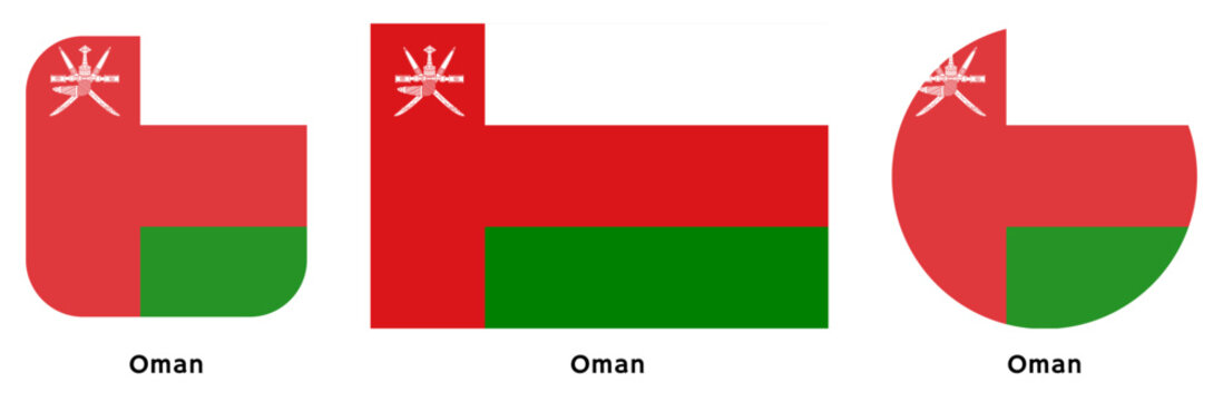 Oman flag vector SVG in circle and square curved flag shapes with transparent background. Editable, scalable national flag design for branding, web, print, and digital media.