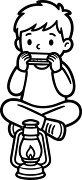 Boy playing harmonica sitting cross-legged with lantern