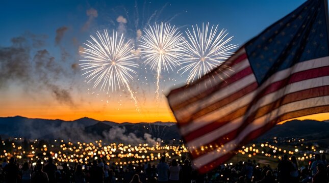 Fourth of july fireworks display with american flag in foreground