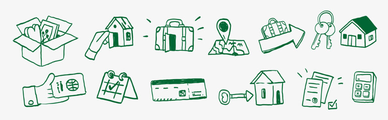 Real estate and moving doodle set with house, key, suitcase, map, passport and documents icons. Black white sketch illustration for property, relocation and travel projects. © Andrey