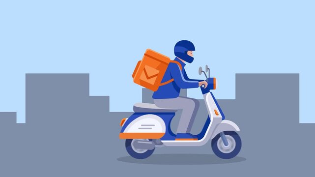 4K loop animation of a delivery man riding a blue scooter fast on a city road. Courier wearing a helmet and carrying an orange thermal backpack delivering food or parcel.
