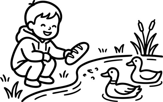 Happy boy feeding ducks in pond with bread, outdoor fun, childhood illustration