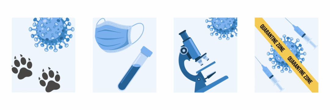 Medical quarantine zone with virus and paw prints illustration