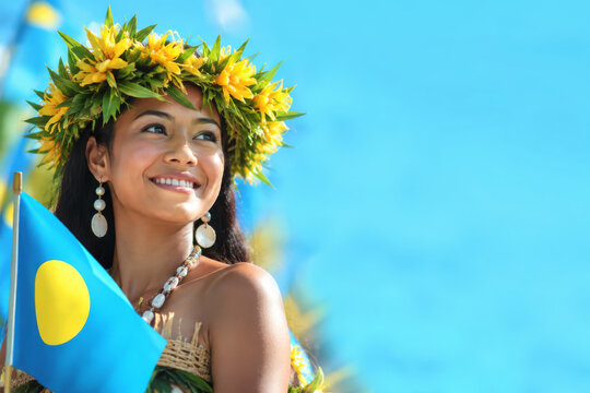 Woman in floral wreath with flag of Palau, celebrating independence or Constitution Day. Cultural festival banner design.