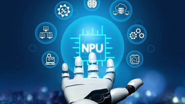 Futuristic robotic hand reaching towards artificial intelligence icons showcasing technology advancement in neural processing units and machine learning applications. Entropy.