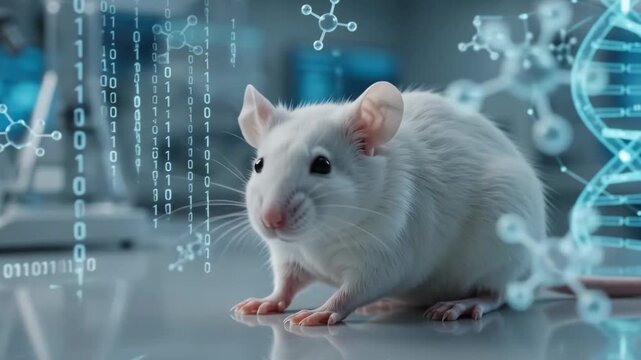 A white laboratory mouse against a background of futuristic digital graphics with DNA elements and circuit boards.  modern scientific research in the fields of genetics and digital medicine