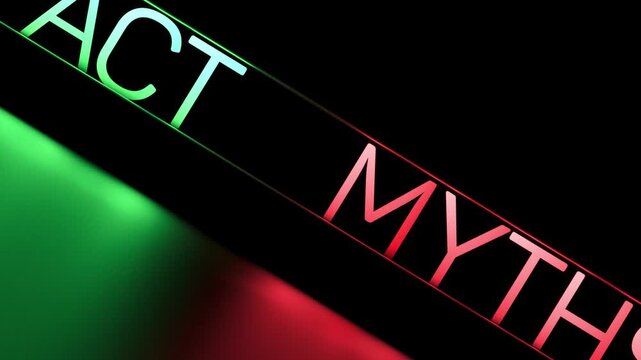 FACT MYTH glowing text on a black background with reflection. Fact, fake, counterfeit, news, animation. 3D render
